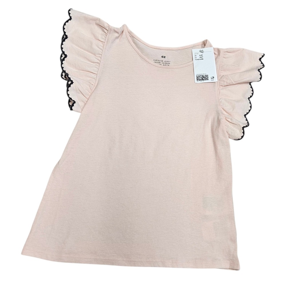 H&M NWT Girls Pink Flutter Sleeve Top‎ Black Lace Trim Size 6-7 Cottagecore